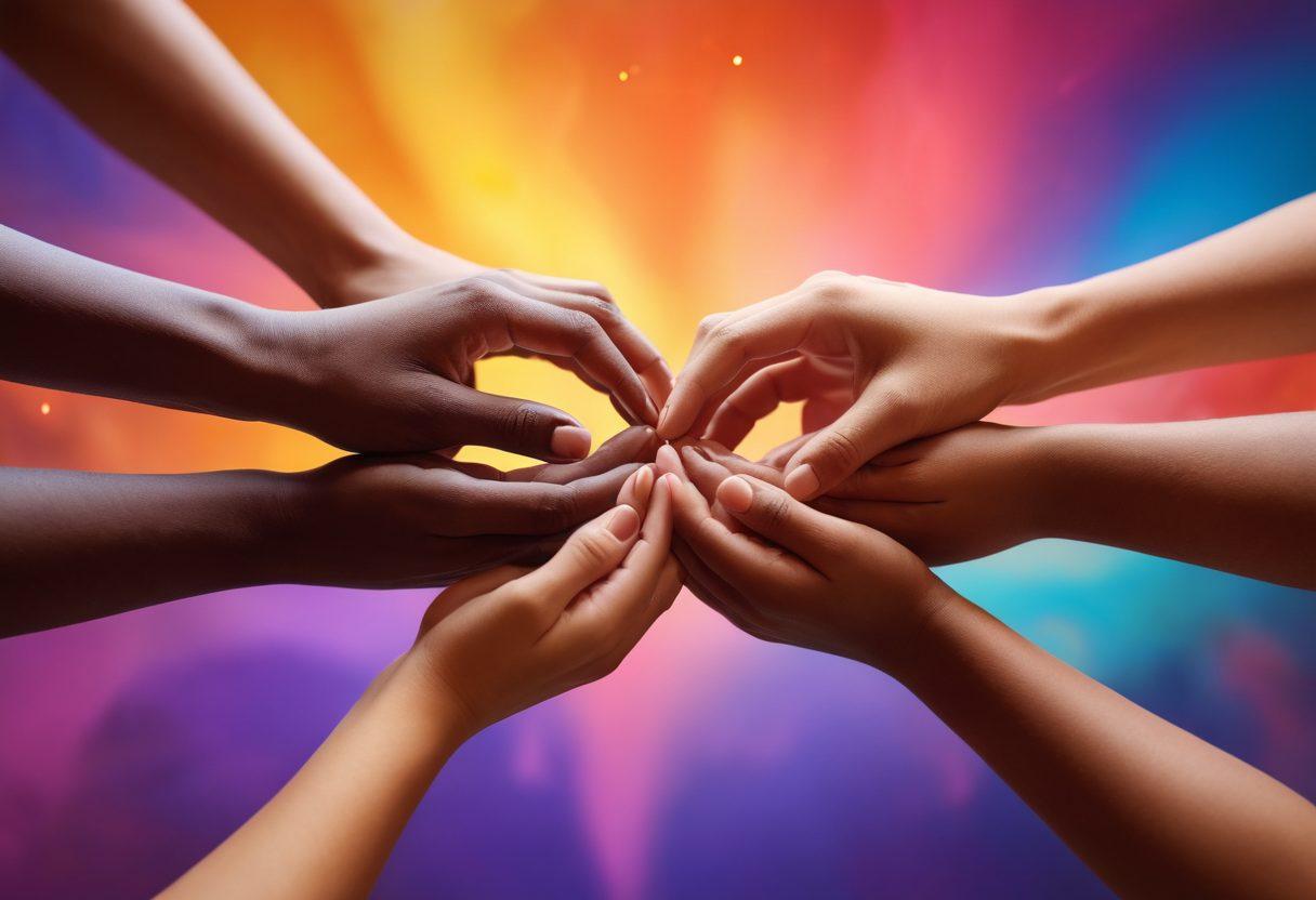 A colorful and inclusive gathering showcasing diverse individuals engaging warmly in intimate conversations. Include symbolic elements of connection, like interlocking hands and hearts, surrounded by a dreamy, abstract background representing openness and understanding. Ethereal lighting enhances the atmosphere of joy and acceptance. super-realistic. vibrant colors. soft focus.