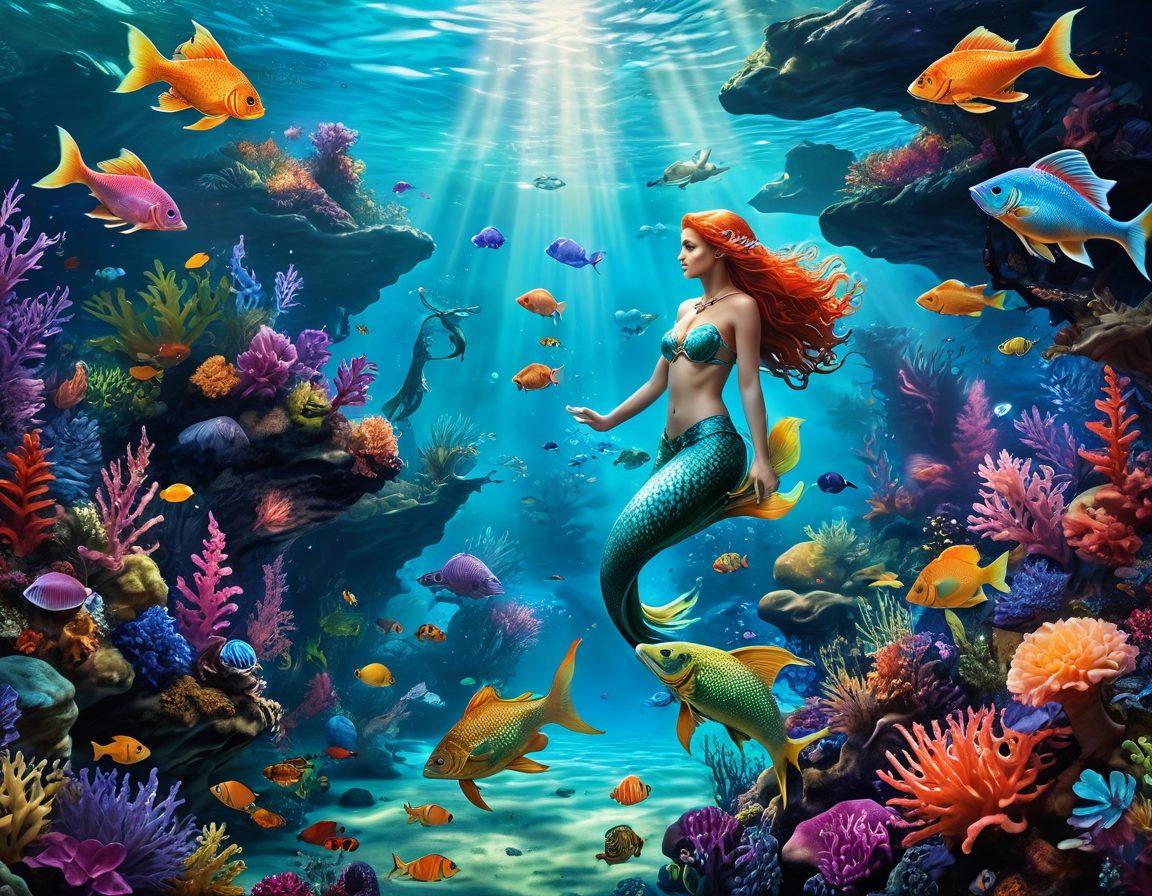 An enchanting underwater scene depicting various fantasy creatures like mermaids, sea dragons, and colorful fish, mingling with adults exploring this mystical world. The colors should be vibrant and enchanting, with bubbles and shimmering light effects creating a magical atmosphere. Include elements of adult fantasy literature and art in the background, such as mystical scrolls and alluring artifacts. super-realistic. vibrant colors. underwater theme.